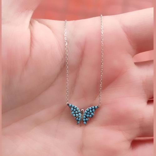 TURKUAZ TAŞLI MİNİ KELEBEK GÜMÜŞ KOLYE - RODYUM BEYAZ
