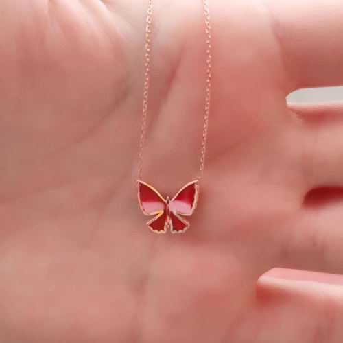 KIRMIZI MİNELİ MİNİ KELEBEK GÜMÜŞ KOLYE - ROSE BAKIR