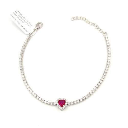 KIRMIZI TAŞLI SU YOLU KALP GÜMÜŞ BİLEKLİK - RODYUM BEYAZ