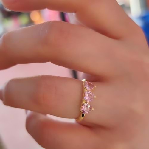 PEMBE TAŞLI KALP GÜMÜŞ YÜZÜK - ALTIN SARI