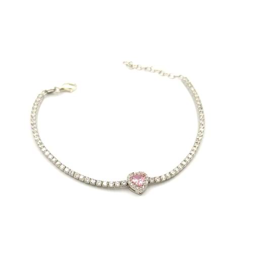 PEMBE TAŞLI SU YOLU KALP GÜMÜŞ BİLEKLİK - RODYUM BEYAZ