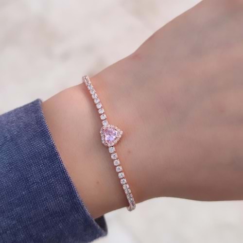 PEMBE TAŞLI SU YOLU KALP GÜMÜŞ BİLEKLİK - ROSE BAKIR