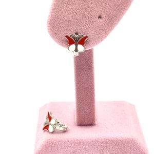 KIRMIZI BEYAZ MİNELİ KELEBEK ÇOCUK GÜMÜŞ KÜPE - RODYUM BEYAZ