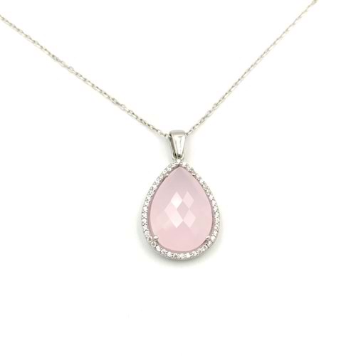 PEMBE TAŞLI DAMLA GÜMÜŞ KOLYE - RODYUM BEYAZ