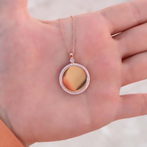 TAŞLI PLAKA İSİM YAZILABİLEN GÜMÜŞ KOLYE - ROSE BAKIR