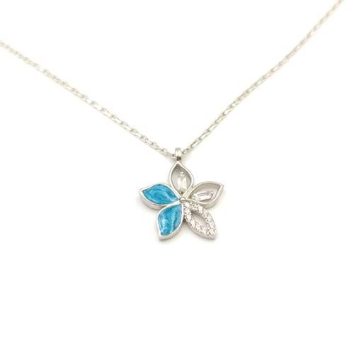 TURKUAZ MİNELİ ÇİÇEK GÜMÜŞ KOLYE - RODYUM BEYAZ