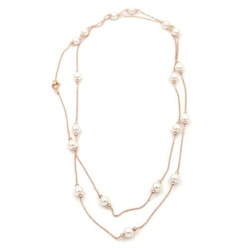 90 CM İNCİ TOP GÜMÜŞ ZİNCİR KOLYE - ROSE BAKIR