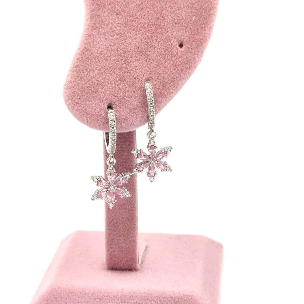 PEMBE LOTUS HALKA GÜMÜŞ KÜPE - RODYUM BEYAZ