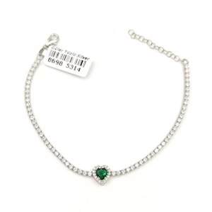 YEŞİL TAŞLI KALP SU YOLU GÜMÜŞ BİLEKLİK - RODYUM BEYAZ