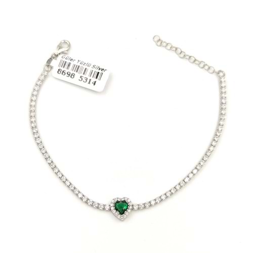YEŞİL TAŞLI KALP SU YOLU GÜMÜŞ BİLEKLİK - RODYUM BEYAZ