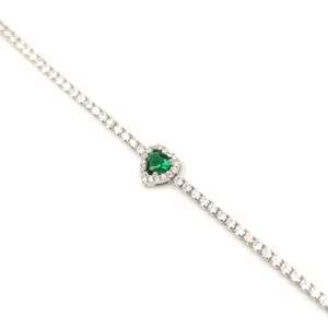 YEŞİL TAŞLI KALP SU YOLU GÜMÜŞ BİLEKLİK - RODYUM BEYAZ