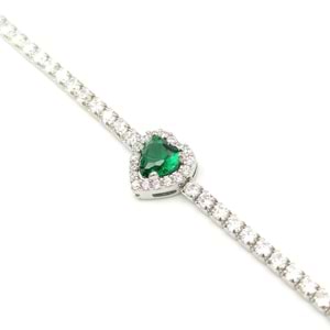 YEŞİL TAŞLI KALP SU YOLU GÜMÜŞ BİLEKLİK - RODYUM BEYAZ