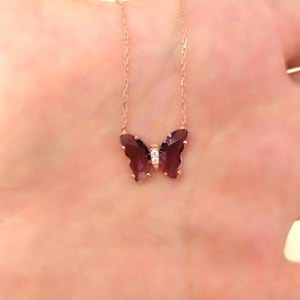 MOR KRİSTAL KELEBEK GÜMÜŞ KOLYE - ROSE BAKIR