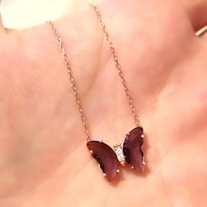 MOR KRİSTAL KELEBEK GÜMÜŞ KOLYE - ROSE BAKIR