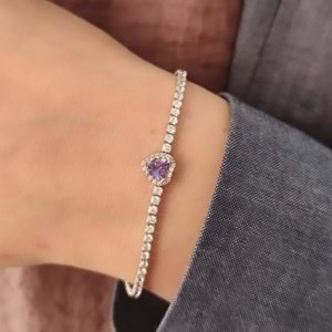 MOR TAŞLI KALP SU YOLU GÜMÜŞ BİLEKLİK - RODYUM BEYAZ