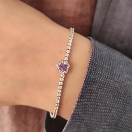 MOR TAŞLI KALP SU YOLU GÜMÜŞ BİLEKLİK - RODYUM BEYAZ