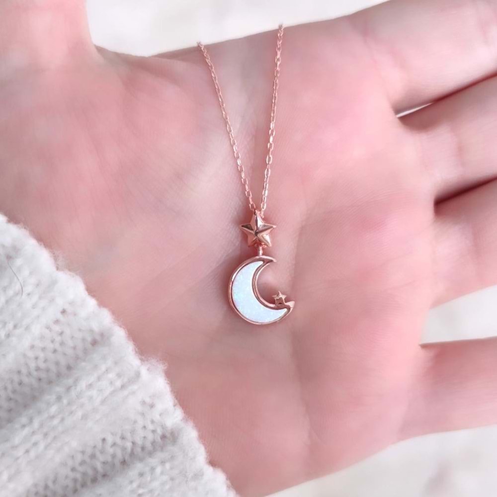 BEYAZ OPAL AY YILDIZ GÜMÜŞ KOLYE - ROSE BAKIR