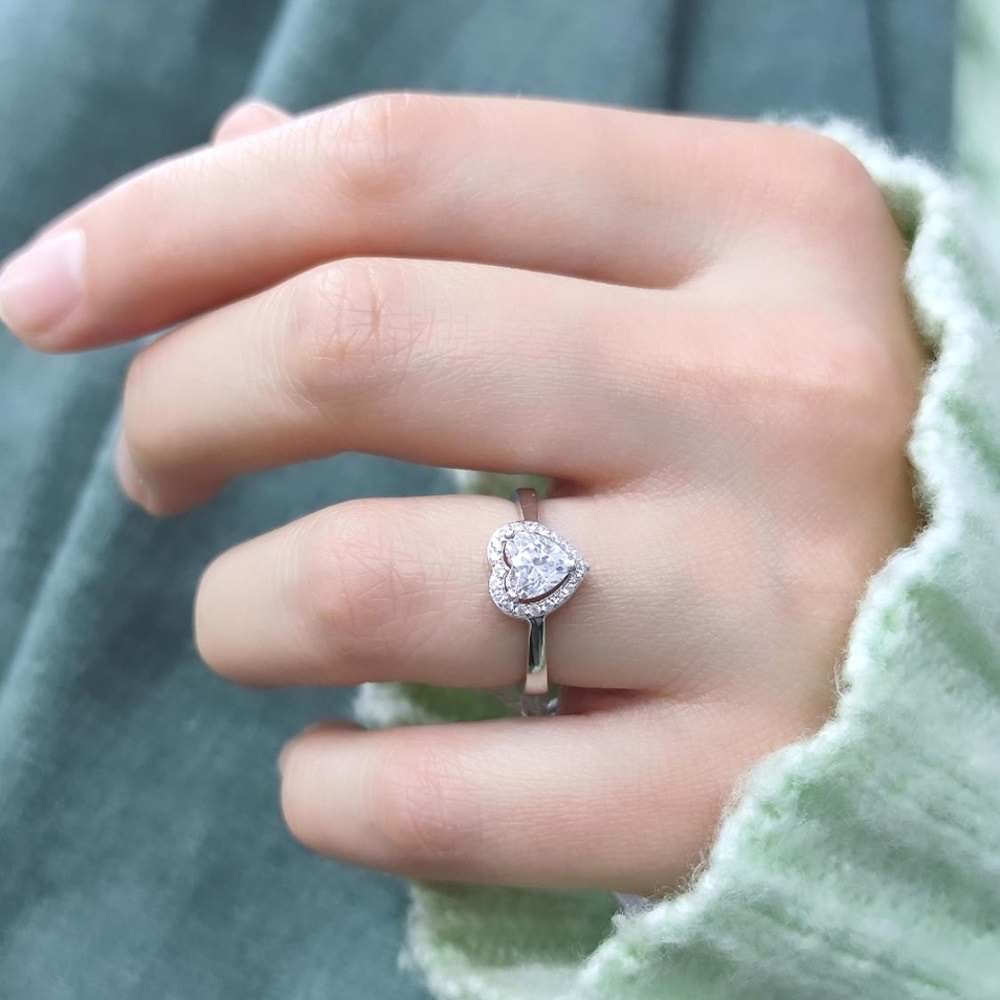 SWAROVSKİ TAŞLI HALO KALP TEK TAŞ GÜMÜŞ YÜZÜK - 13