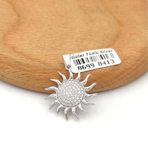 TAŞLI GÜMÜŞ GÜNEŞ KOLYE UCU - RODYUM BEYAZ