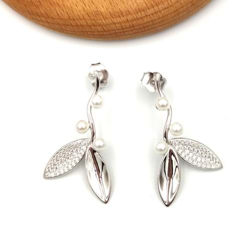 İNCİ DETAYLI YAPRAK GÜMÜŞ KÜPE - RODYUM BEYAZ