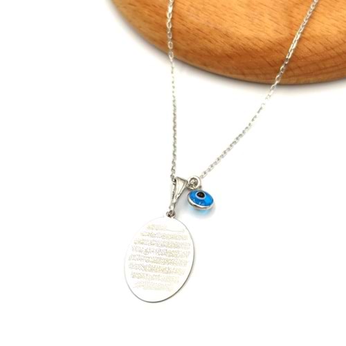 OVAL AYETEL KÜRSİ YAZILI GÜMÜŞ KOLYE - RODYUM BEYAZ