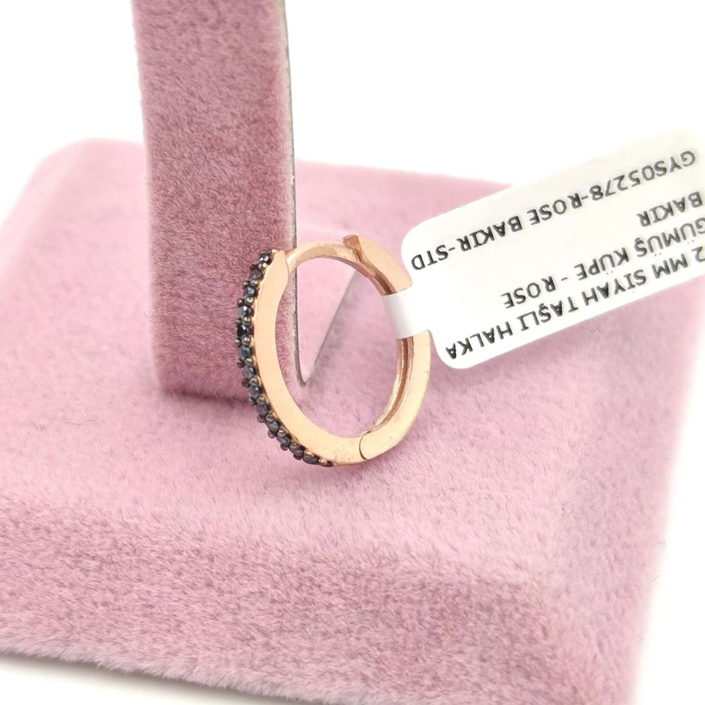 12 MM SİYAH TAŞLI HALKA GÜMÜŞ KÜPE - ROSE BAKIR