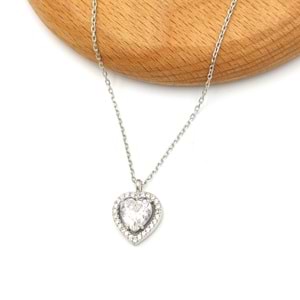 ZİRKON TAŞLI KALP GÜMÜŞ KOLYE - RODYUM BEYAZ