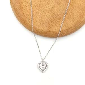 ZİRKON TAŞLI KALP GÜMÜŞ KOLYE - RODYUM BEYAZ