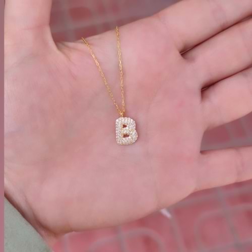 B TAŞLI GÜMÜŞ HARF KOLYE - ALTIN SARI