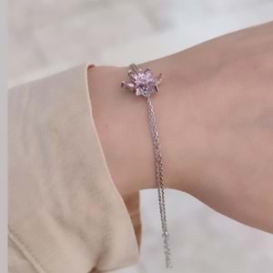 PEMBE TAŞLI LOTUS GÜMÜŞ BİLEKLİK - RODYUM BEYAZ
