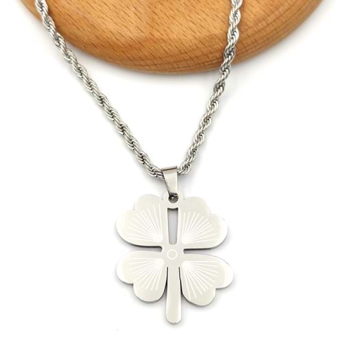 3 MM BURGU ZİNCİR ÇELİK YONCA KOLYE 65 CM - BEYAZ