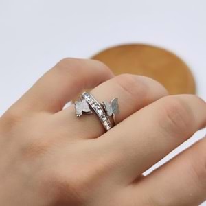 TAŞLI İKİLİ KELEBEK ÇELİK YÜZÜK - 6