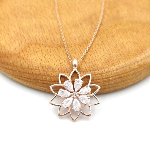 ZİRKON TAŞLI PAPATYA ÇİÇEK GÜMÜŞ KOLYE - ROSE BAKIR