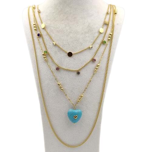 ÇELİK DÖRTLÜ MAVİ KALP DETAYLI KOMBİN KOLYE - ALTIN SARI