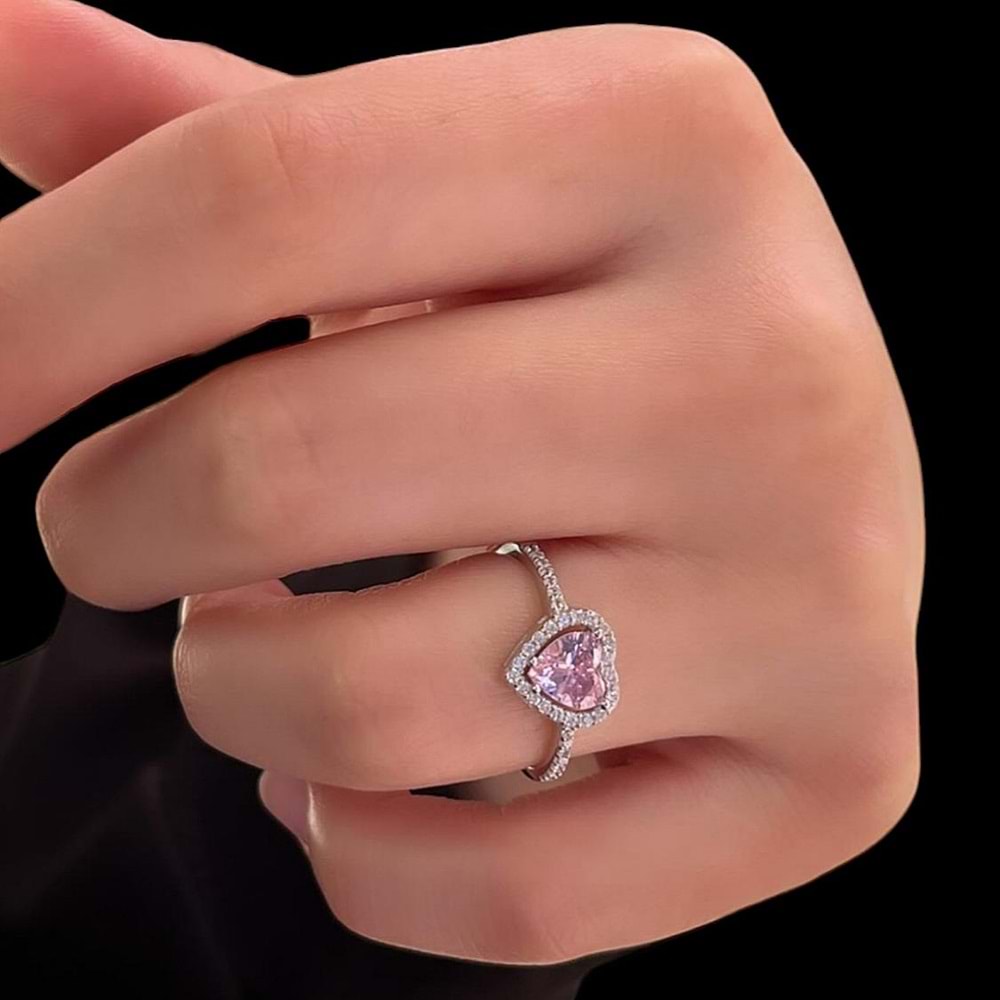 PEMBE ZİRKON TAŞLI KALP GÜMÜŞ YÜZÜK - 14