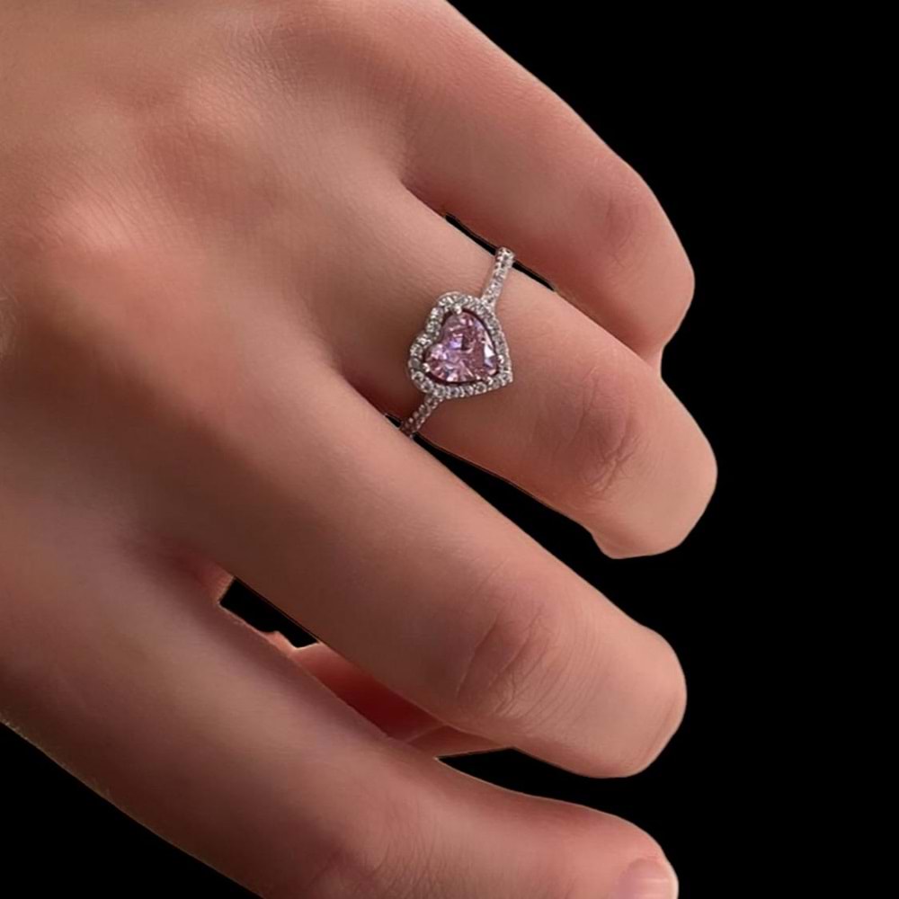 PEMBE ZİRKON TAŞLI KALP GÜMÜŞ YÜZÜK - 20