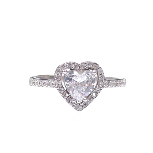 ZİRKON TAŞLI KALP GÜMÜŞ YÜZÜK - RODYUM BEYAZ - 16