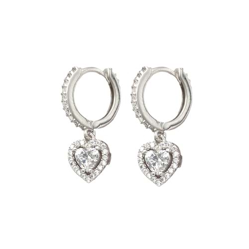 ZİRKON TAŞLI KALP GÜMÜŞ HALKA KÜPE - RODYUM BEYAZ