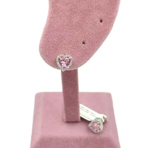 PEMBE TAŞLI KALP GÜMÜŞ ÇİVİ KÜPE - RODYUM BEYAZ