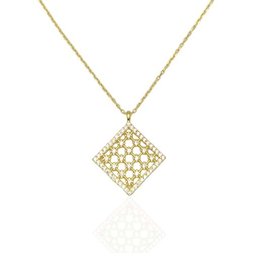 KARE TAŞLI GÜMÜŞ KOLYE - ALTIN SARI