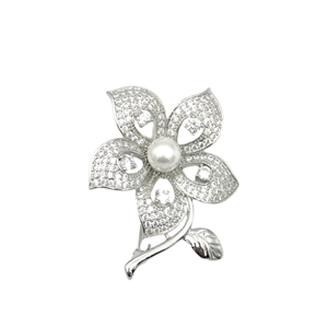 ZİRKON TAŞLI İNCİLİ ÇİÇEK BROŞ - BEYAZ