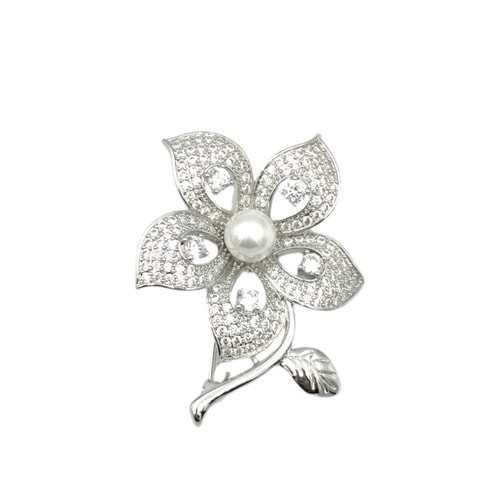 ZİRKON TAŞLI İNCİLİ ÇİÇEK BROŞ - BEYAZ