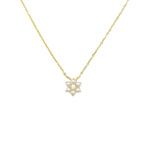 İNCİLİ MİNİ ÇİÇEK GÜMÜŞ KOLYE - ALTIN SARI