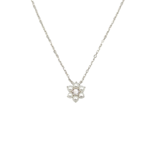 İNCİLİ MİNİ ÇİÇEK GÜMÜŞ KOLYE - RODYUM BEYAZ