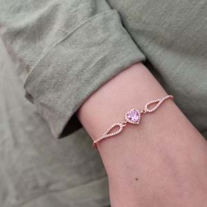 PEMBE TAŞLI KALP GÜMÜŞ BİLEKLİK - ROSE BAKIR