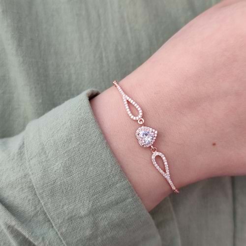 ZİRKON TAŞLI KALP GÜMÜŞ BİLEKLİK - ROSE BAKIR