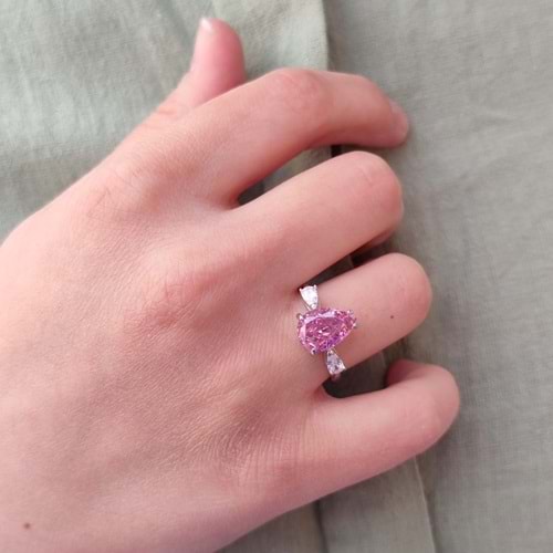 ÖZEL KESİM PEMBE DAMLA TAŞ GÜMÜŞ YÜZÜK - 16