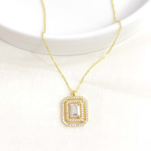 BAGET ZİRKON TAŞLI GÜMÜŞ KOLYE - ALTIN SARI