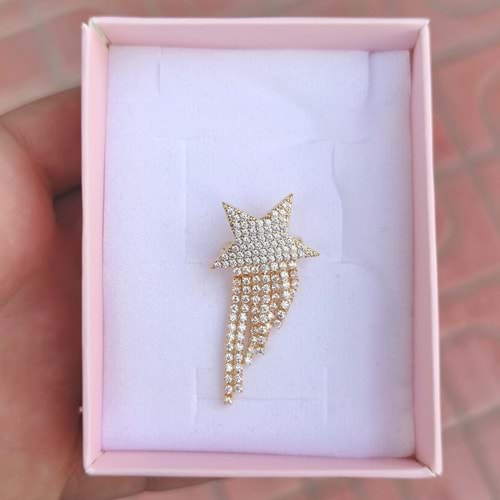 TAŞLI SÜZME YILDIZ BROŞ 2 CM - ALTIN SARI