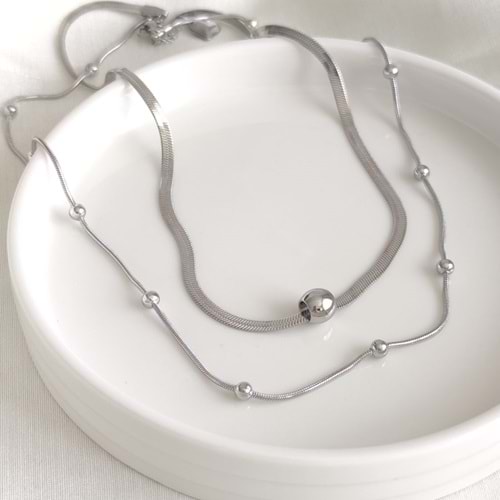 ÇELİK YASSI VE TOP ZİNCİR KOMBİN İKİLİ KOLYE - BEYAZ